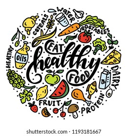 Eat healthy food. Motivational phrase. Hand drawn illustration with hand lettering. 