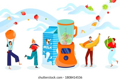 Eat healthy food vector illustration. Cartoon flat tiny happy people holding fresh berry and fruit, man woman hipster characters cooking milkshake or smoothie in blender, healthy eating background