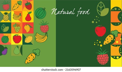 Eat healthy of fruits and vegetables - organic food banner vector illustration in flat style, fruits and cereals with simple shapes and shapes suitable for flyers, web posters, natural products presen