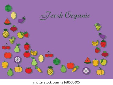 Eat healthy of fruits and vegetables - organic food banner vector illustration in flat style, fruits and cereals with simple shapes and shapes suitable for flyers, web posters, natural products presen