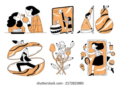 Eat healthy hand drawn outline set with cartoon characters and organic food. Abstract concept for health life design. Isolated on white illustrations with diet plan, nutrition consultation.
