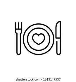 Eat healthy icon. Heart and dining plate sign. Concept eat well for your health symbol. Thin line icon on white background. Vector illustration.