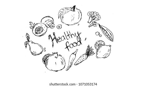 Eat healthy - motivational poster or banner with hand-lettering phrase eat healthy on green background with trendy linear icons and signs of fruits and vegetables - vector illustration