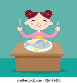 Eat healthy and sport campaign for kid poster design. Eat fish for children campaign poster design template.