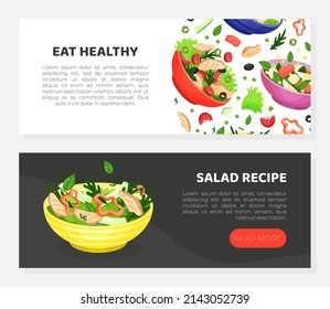 Eat healthy web banners set. Salad recipe, tasty organic natural meal landing page vector illustration