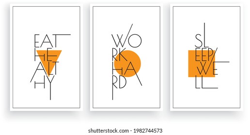 Eat healthy, work hard, sleep well, vector. Motivational inspirational life quotes. Scandinavian minimalist  poster design. Modern wall art, artwork. Wording design, lettering. Positive thinking