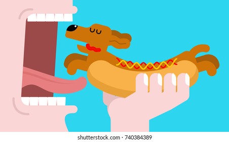 Coma el Dachshund de Hot dog. Abre la boca y los dientes. Perro de acogida animal de mascota. Ilustración del vector