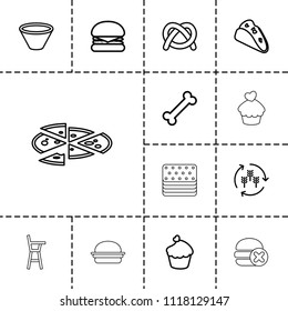 Eat icon. collection of 13 eat outline icons such as harvest, burger, taco, pretzel, bone, muffin, bowl, no fast food, pizza. editable eat icons for web and mobile.