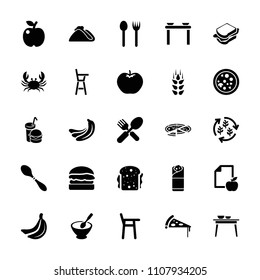 Eat icon. collection of 25 eat filled icons such as wheat, banana, apple, crab, fork and spoon, baby chair, table with plates and pan. editable eat icons for web and mobile.