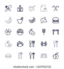 Eat icon. collection of 25 eat outline icons such as harvest, banana, cow, crab, fork and spoon, apple, burger, wheat, taco, donut. editable eat icons for web and mobile.