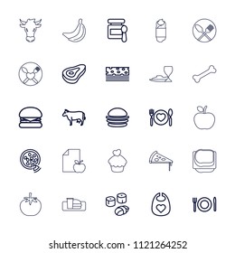 Eat icon. collection of 25 eat outline icons such as beef, cow, baby food, baby bid, burger, piece of cake, plate with spoon and fork. editable eat icons for web and mobile.