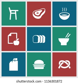 Eat icon. collection of 9 eat filled icons such as beef, chocolate, baby chair, asian food, soup, paper and apple, burger, bread slices. editable eat icons for web and mobile.