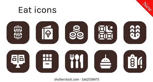 eat icon set. 10 filled eat icons.  Simple modern icons such as: Peanut, Menu, Sushi, Chocolate, Pretzel, Recipe book, Cutlery, Burger, Cutting board