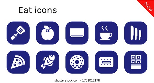 eat icon set. 10 filled eat icons.  Simple modern icons such as: Spatula, Apple, Soup, Chocolate, Knives, Pizza, Fish, Donut, Biscuit