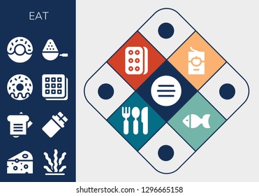  eat icon set. 13 filled eat icons. Simple modern icons about  - Meat, Cheese, Seaweed, Sandwich, Chocolate, Donut, Waffle, Spoon, Tomato sauce, Biscuit, Cutlery, Fish