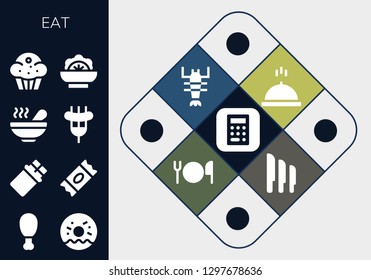  eat icon set. 13 filled eat icons. Simple modern icons about  - Apple, Fried chicken, Doughnut, Chocolate, Sugar, Soup, Sausage, Muffin, Salad, Meal, Lobster, Cutlery, Knives