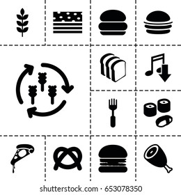 Eat icon. set of 13 filled eaticons such as wheat, harvest, beef, burger, pizza, bread slices, fork, sushi, eating mouth, pretzel