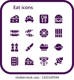 eat icon set. 16 filled eat icons.  Collection Of - Cheese, Dumpling, Restaurant, Hamburger, Sausage, Candy, Pizza, Cookie, Salt, Knife, Salad, Soup, Biscuit, Lobster, Fish