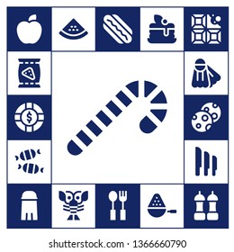eat icon set. 17 filled eat icons.  Collection Of - Apple, Chips, Chip, Candy cane, Candy, Fins, Cookies, Knives, Salt, Watermelon, Lobster, Hotdog, Cutlery, Pancake, Spoon, Chocolate