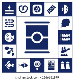eat icon set. 17 filled eat icons.  Simple modern icons about  - Sandwich, Sausages, Cookie, Tomato, Spoons, Cotton candy, Sausage, Fry, Fish, Pretzel, Apple, Fried egg, Sugar