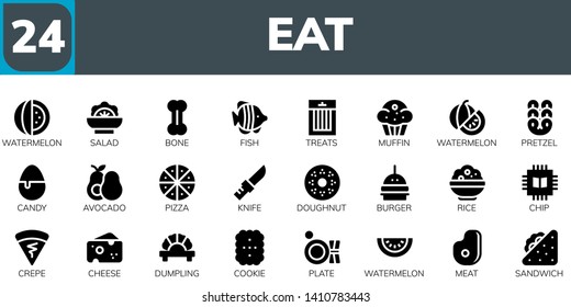 eat icon set. 24 filled eat icons.  Simple modern icons about  - Watermelon, Salad, Bone, Fish, Treats, Muffin, Pretzel, Candy, Avocado, Pizza, Knife, Doughnut, Burger, Rice, Chip