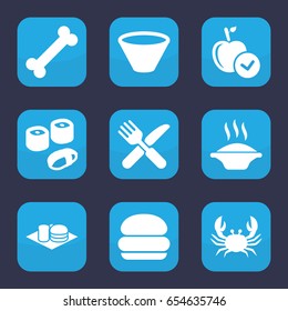 Eat icon. set of 9 filled eat icons such as crab, apple, soda and burger, fork and knife, bowl, sushi, soup, burger