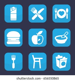 Eat icon. set of 9 filled eat icons such as porridge, burrito, take away food, fork and knife, fork, apple, plate with spoon and fork, burger