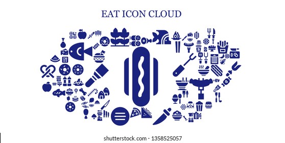 eat icon set. 93 filled eat icons.  Collection Of - Hot dog, Salami, Apple, Wheat, Meat, Fish, Sandwich, Knife, Pizza, Watermelon, Chocolate, Sugar, Burger, Doughnut, Spatula