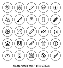 Eat icon set. collection of 25 outline eat icons with baby bottle, breakfast, candy, chocolate, cutlery, cutting board, cookie, dumpling, food donation icons. editable icons.