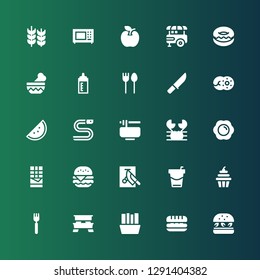 eat icon set. Collection of 25 filled eat icons included Hamburger, Sandwich, Fries, Picnic table, Fork, Cupcake, Beverage, Chop, Burger, Chocolate, Fried egg, Crab, Noodles, Eel