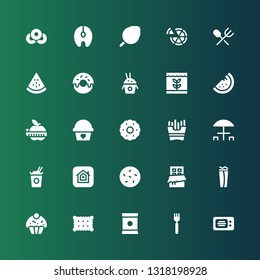 eat icon set. Collection of 25 filled eat icons included Microwave, Fork, Chips, Cookie, Cupcake, Wrap, Chocolate, Apple, Noodles, Picnic table, French fries, Biscuit, Watermelon