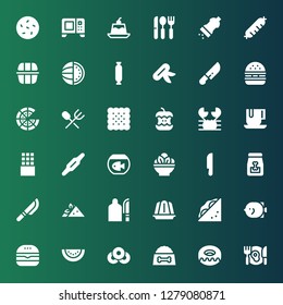 eat icon set. Collection of 36 filled eat icons included Dinner, Donut, Dog food, Doughnut, Watermelon, Burger, Fish, Sandwich, Jelly, Cutting board, Knife, Salad, Calcium, Chocolate bar