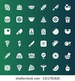 eat icon set. Collection of 36 filled eat icons included Rice, Watermelon, Sausage, Pizza, Sandwich, Bowl, Doughnut, Dinner, Dog food, Fish, Apple, Knife, Broccoli, Pizza slice