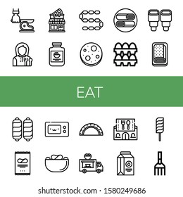 eat icon set. Collection of Knife, Lunchroom, Pizza shop, Mayonnaise, Sausage, Chocolate chip, Shawarma, Eggs, Pastry, Meatloaf, Crisps, Microwave, Cheburek, Food truck icons