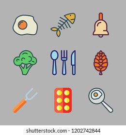 eat icon set. vector set about fried egg, bell, cutlery and fork icons set.
