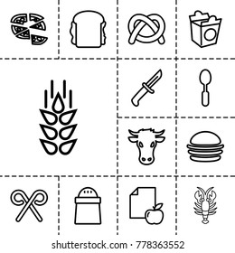 Eat icons. set of 13 editable outline eat icons such as wheat, cow, pretzel, burger, pepper, pizza, sandwich, take away food, spoon, paper and apple, candy cane, knife