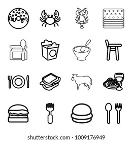 Eat icons. set of 16 editable outline eat icons such as crab, fork and spoon, baby chair, donut, sandwich, take away food, pasta and wine glass, fork, plate fork and spoon