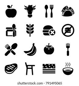 Eat icons. set of 16 editable filled eat icons such as wheat, baby chair, taco, fork and spoon, fork, soup, piece of cake, no fast food, beef, banana, apple, cow