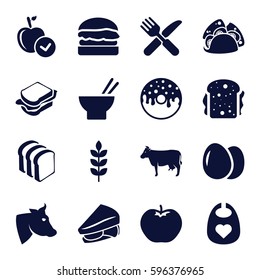 eat icons set. Set of 16 eat filled icons such as wheat, egg, apple, cow, baby bid, taco, donut, asian food, sandwich, bread slices, fork and knife
