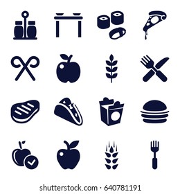 Eat icons set. set of 16 eat filled icons such as wheat, apple, taco, burger, pizza, take away food, fork and knife, fork, candy cane, beef, pepper, sushi