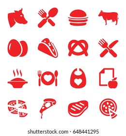 Eat icons set. set of 16 eat filled icons such as egg, cow, baby bid, taco, burger, pizza, fork and spoon, fork and knife, beef, soup