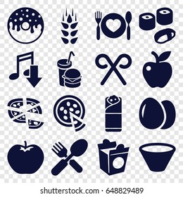 Eat icons set. set of 16 eat filled icons such as wheat, egg, apple, donut, pizza, burrito, take away food, burger and drink, fork and spoon, plate with spoon and fork