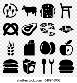 Eat icons set. set of 16 eat filled icons such as wheat, harvest, egg, beef, cow, pizza, sandwich, soda and burger, take away food, apple, burger, fork and spoon, chocolate