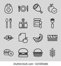 Eat icons set. set of 16 eat outline icons such as wheat, beef, banana, baby food, baby bid, no fast food, apple, burger, soda and burger, fork, paper and apple, pepper