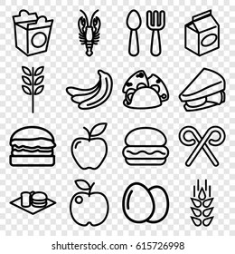 Eat icons set. set of 16 eat outline icons such as crab, wheat, egg, banana, fork and spoon, taco, sandwich, soda and burger, take away food, apple, candy cane