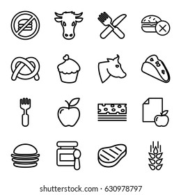 Eat icons set. set of 16 eat outline icons such as cow, wheat, baby food, no fast food, taco, burger, fork and knife, fork, apple, paper and apple, muffin, beef, pretzel