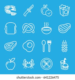 Eat icons set. set of 16 eat outline icons such as crab, wheat, beef, apple, pizza, sandwich, take away food, burger and drink, soup, spoon and fork, egg, knife, pretzel