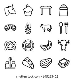 Eat icons set. set of 16 eat outline icons such as cow, wheat, banana, taco, pepper, donut, sandwich, muffin, beef, table with plates and pan, pretzel, no fast food