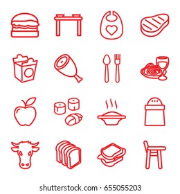 Eat icons set. set of 16 eat outline icons such as cow, beef, baby bid, pepper, sandwich, bread slices, take away food, pasta and wine glass, apple, burger, sushi, soup
