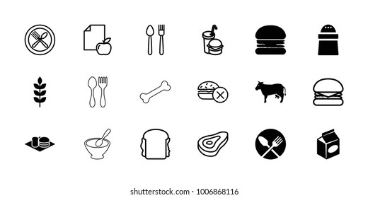Eat icons. set of 18 editable filled and outline eat icons: wheat, burger, pepper, soda and burger, take away food, beef, no fast food, sandwich, cow, porridge